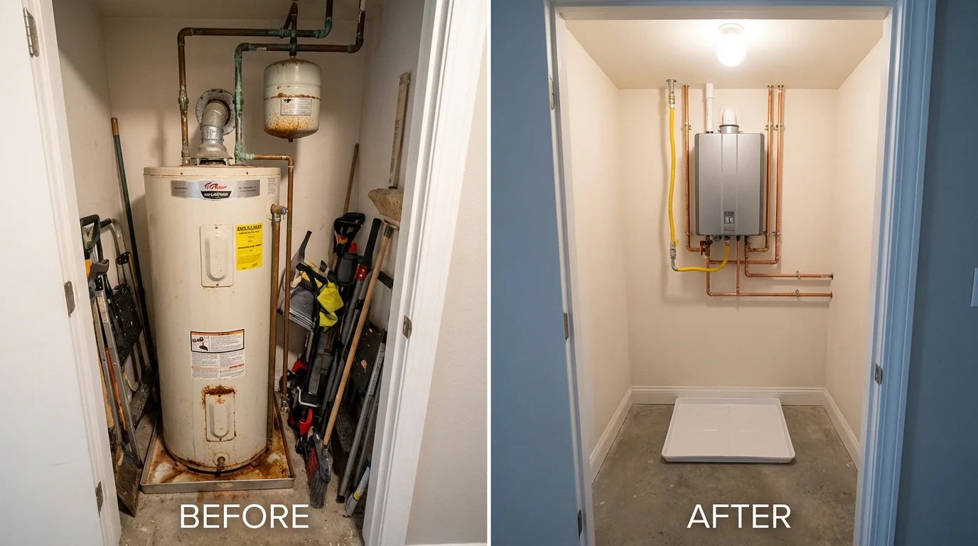 Tank water heater versus wall-mounted tankless unit comparison for Marion, IA homeowners