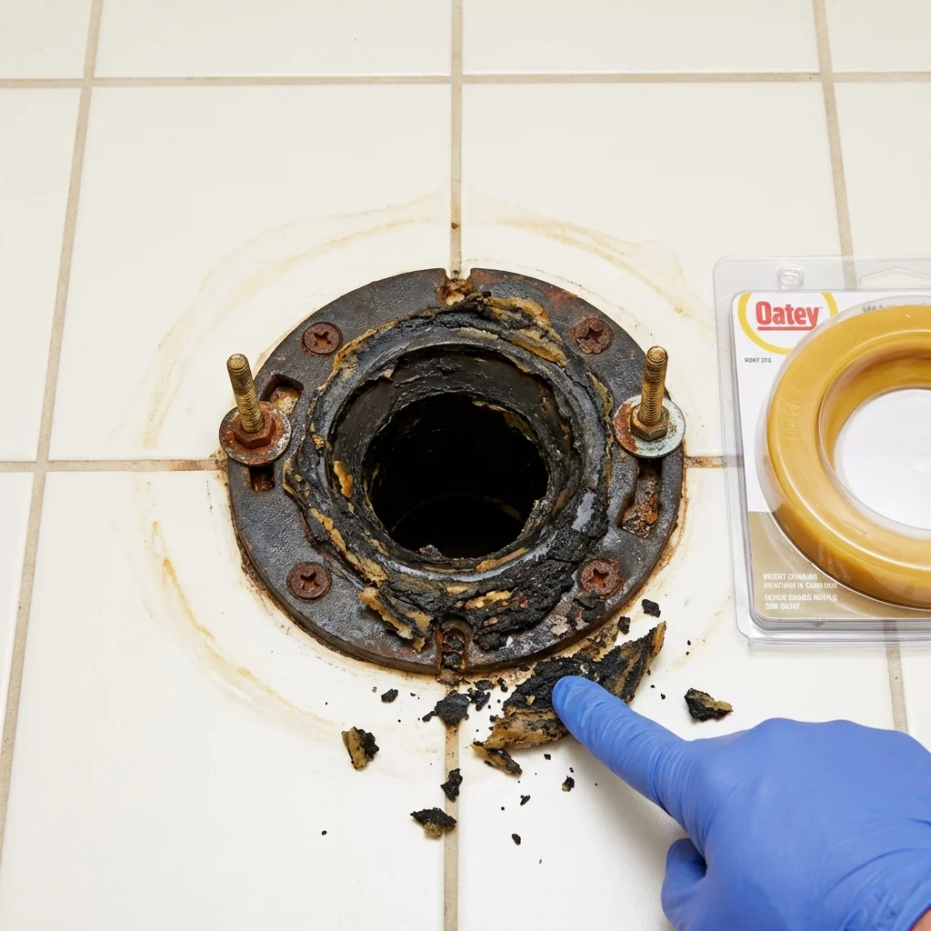 Failed wax ring showing water seepage at the base of a toilet in a Marion, IA home