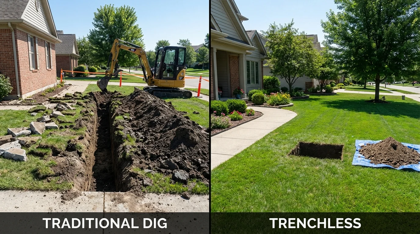 Trenchless sewer repair with minimal yard damage versus traditional excavation in Marion, IA