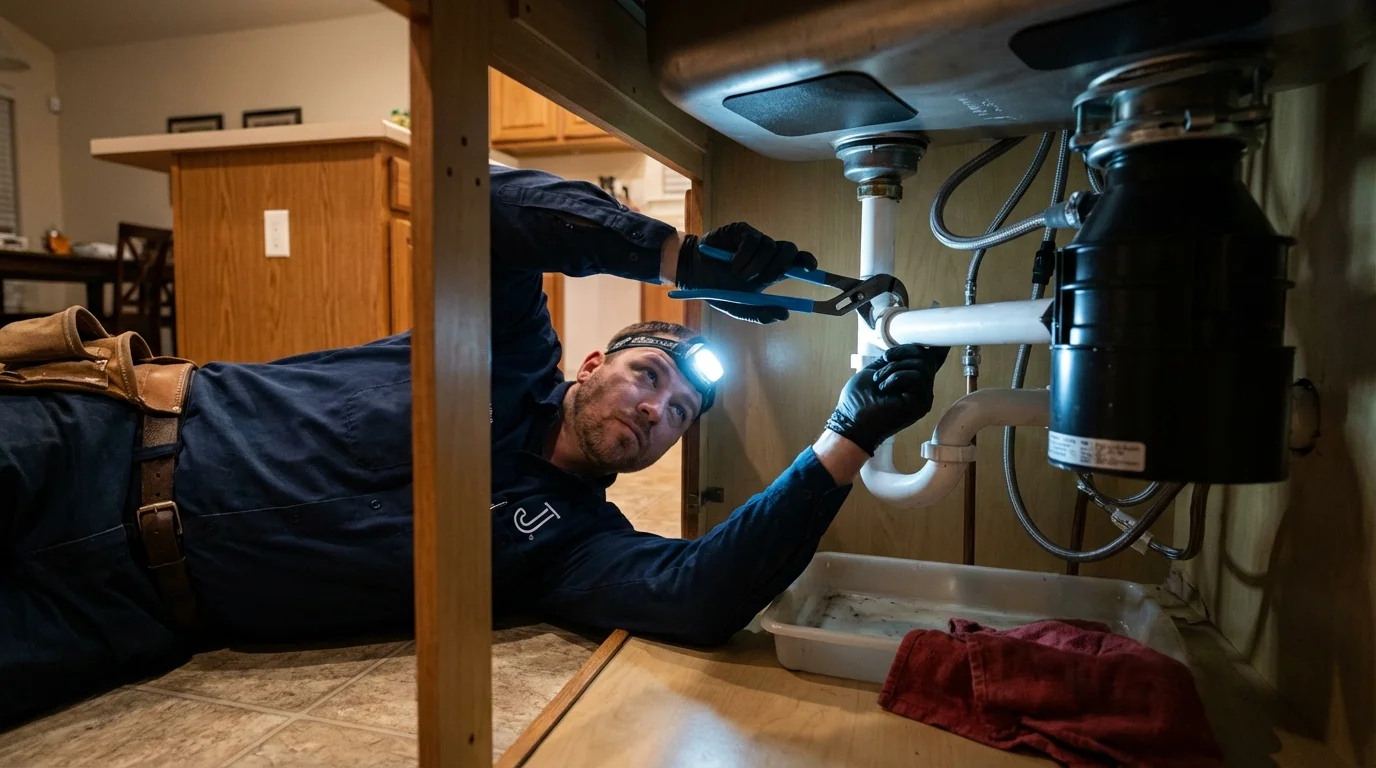 P-trap and supply line connections under a kitchen sink showing a common leak point in Marion, IA